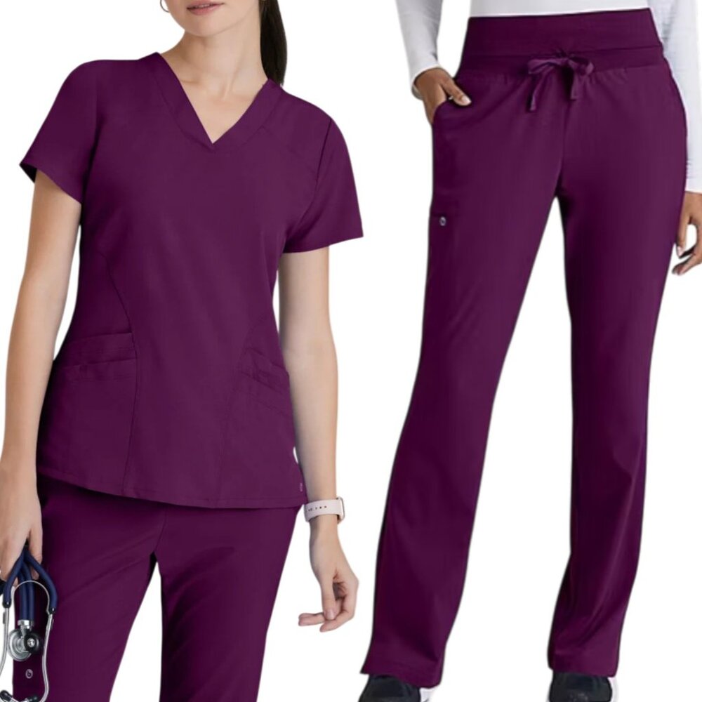 2 SETS 4 PCS Barco One Scrubs Pulse Top Stride Bottom 5X Wine Purple 5106 5206